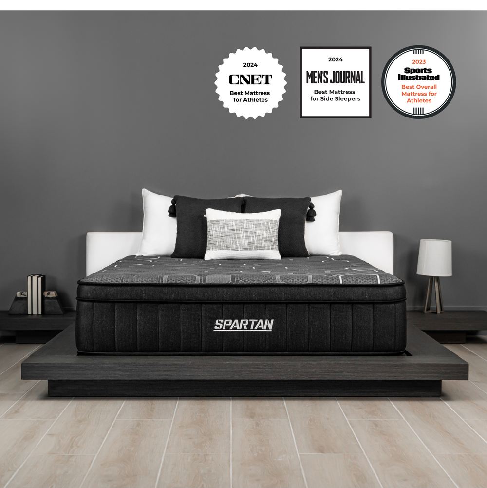 Spartan mattress lifestyle badge highlighting its durability and versatility for a variety of sleeping positions.